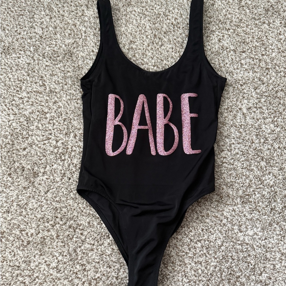 Black Swimsuit with Pink 'Babe' Text